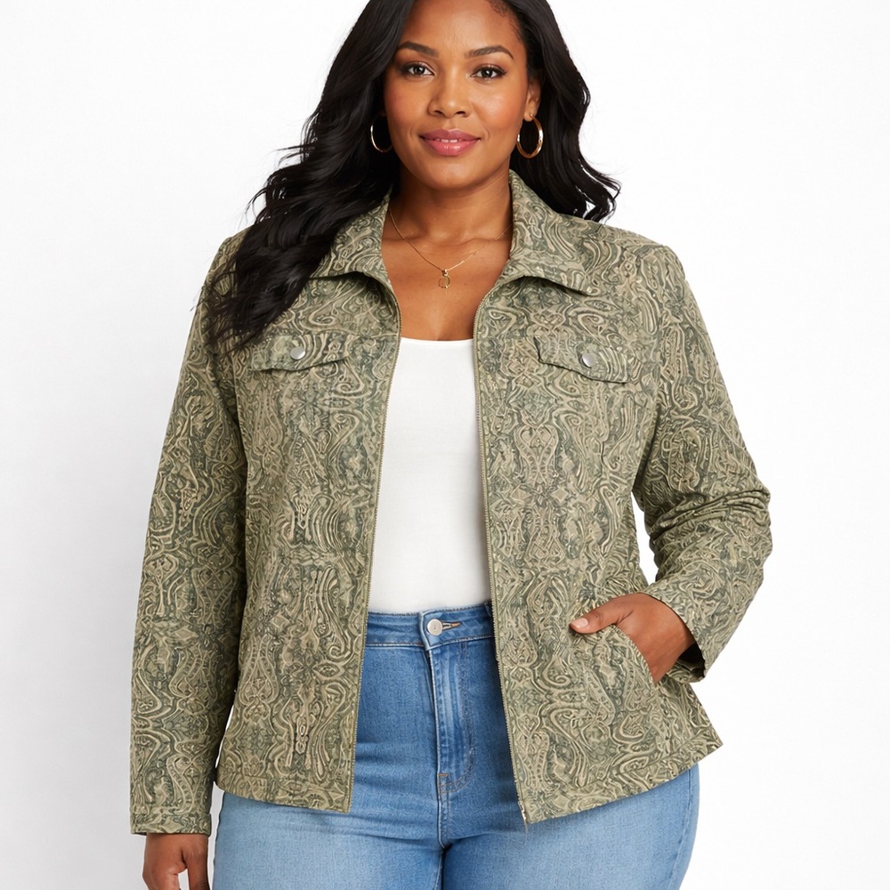 Analogy Plus Green Paisley Zip Front Utility Jacket 1X